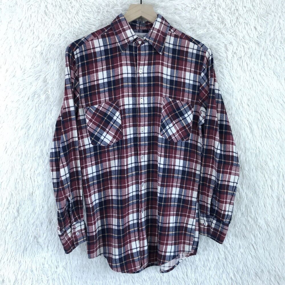 Highlander Flannel Bud Berma Shirt Plaid Red Blue Button Front VTG Mens Small
